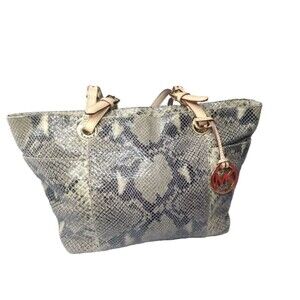 Michael Kors North South Tote Python Embossed Beige~Black Leather Handbag